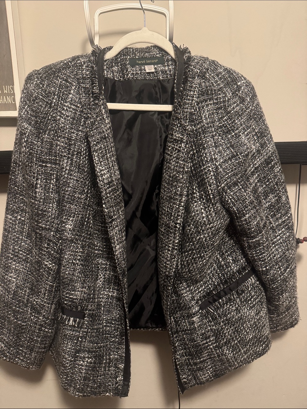 Harve Benard Black and White Tweed Open-Front Blazer